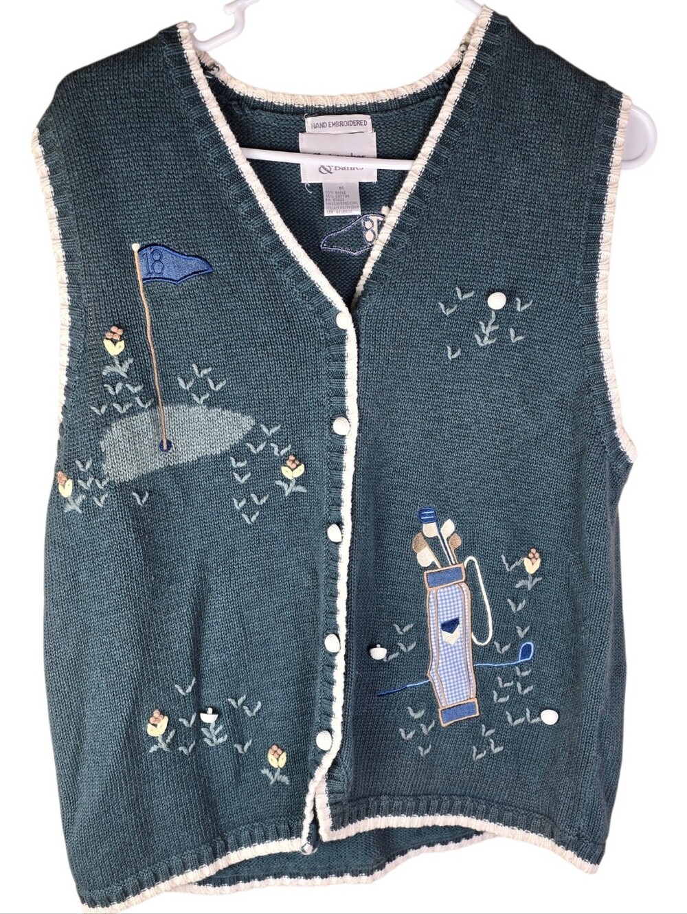 Vintage Ramie Cotton Knit Embroidered Golf Vest Grandma Core Size Medium
